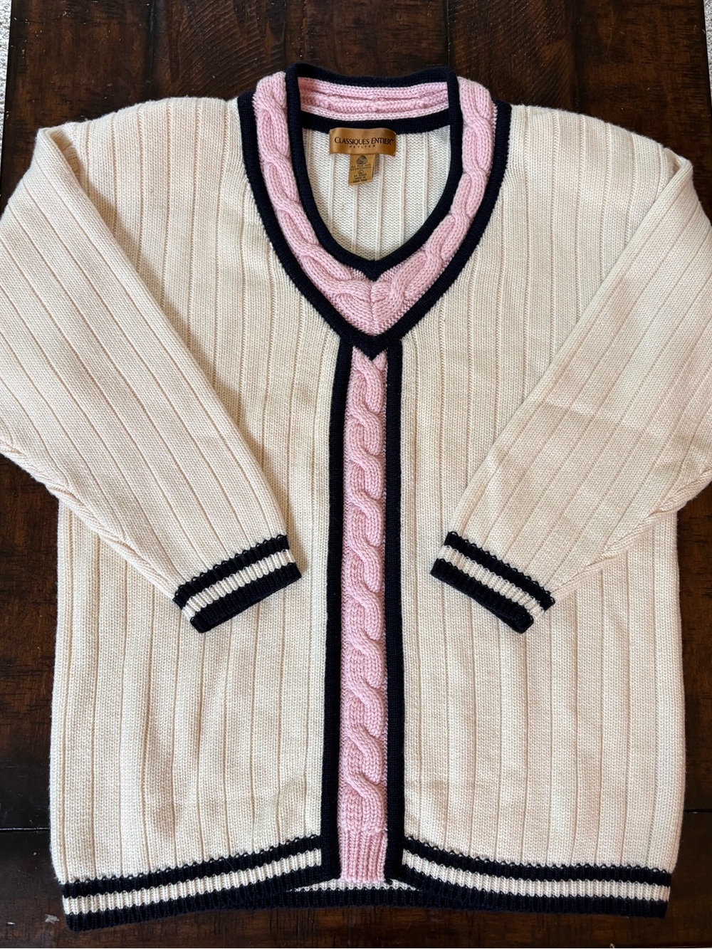 Vintage Classiques Entier Wool Varsity Sweater in Pink, Navy, Cream, Size Large